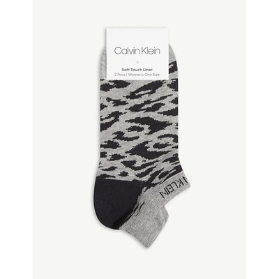 Shop Calvin Klein Women's Grey Heather Black Logo-embroidered Cotton-blend Socks Pack Of Two