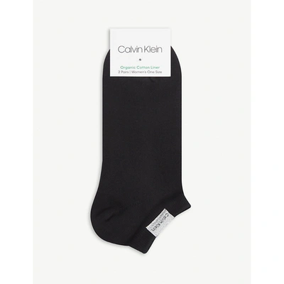 Shop Calvin Klein Women's Black Logo-embroidered Organic Cotton-blend Socks Pack Of Two