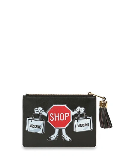 Shop Moschino Shop Sign Leather Pouch, Black