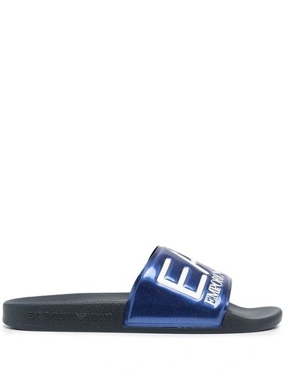 Shop Ea7 Embossed-logo Flat Sandals In Blau