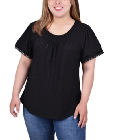 Shop Ny Collection Plus Size Double Flutter Sleeve Knit Eyelet Top In Black