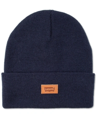 Shop Levi's All Season Comfy Leather Logo Patch Hero Beanie In Navy
