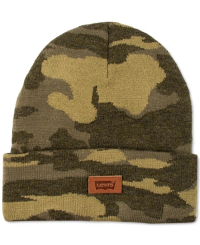 Shop Levi's All Season Comfy Leather Logo Patch Hero Beanie In Camo Green