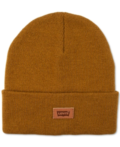 Shop Levi's All Season Comfy Leather Logo Patch Hero Beanie In Tan