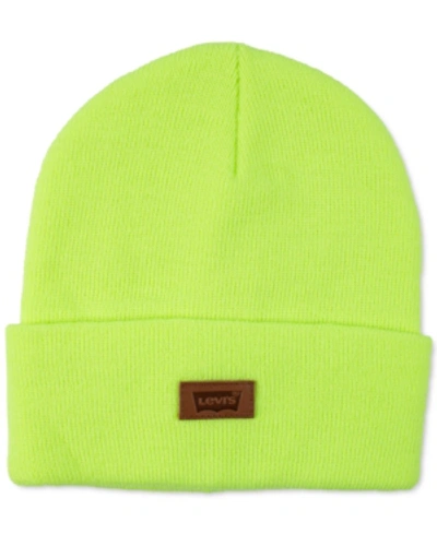 Shop Levi's All Season Comfy Leather Logo Patch Hero Beanie In Neon Yellow