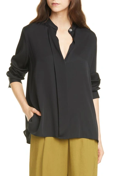 Shop Vince Slim Fit Band Collar Stretch Silk Blouse In Black