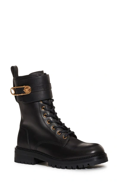 Shop Versace Safety Pin Combat Boot In Black