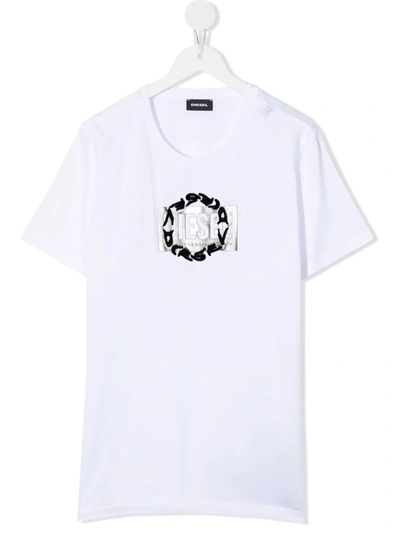 Shop Diesel Teen Logo-embroidered T-shirt In White