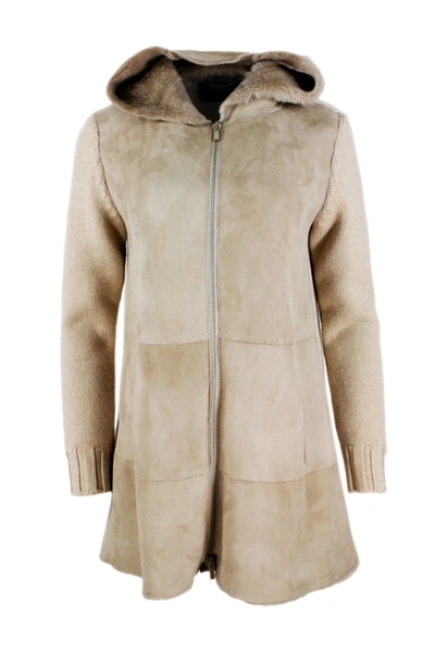 Shop Lorena Antoniazzi Shearling Sheepskin Coat And Sweater With Hood And Zip Closure In Beige