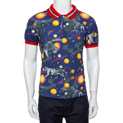 Pre-owned Gucci Blue/red Space Animal Print Cotton Polo T-shirt L