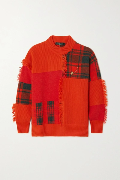 Shop Versace Embellished Fringed Patchwork Wool Sweater In Orange
