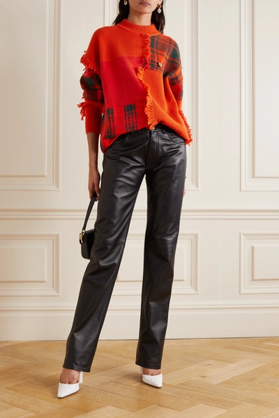 Shop Versace Embellished Fringed Patchwork Wool Sweater In Orange