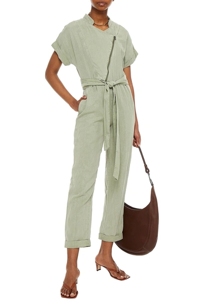 Shop Alice And Olivia Leonarda Cropped Belted Lyocell, Linen And Cotton-blend Jumpsuit In Light Green