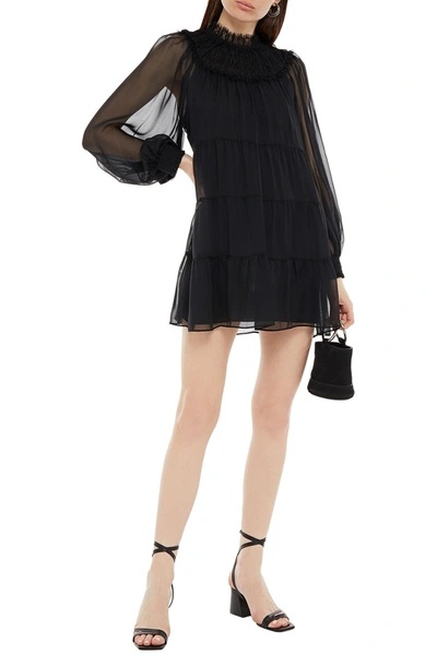 Shop Alice And Olivia Kellyann Tiered Lace-trimmed Shirred Silk-chiffon Mini Dress In Black