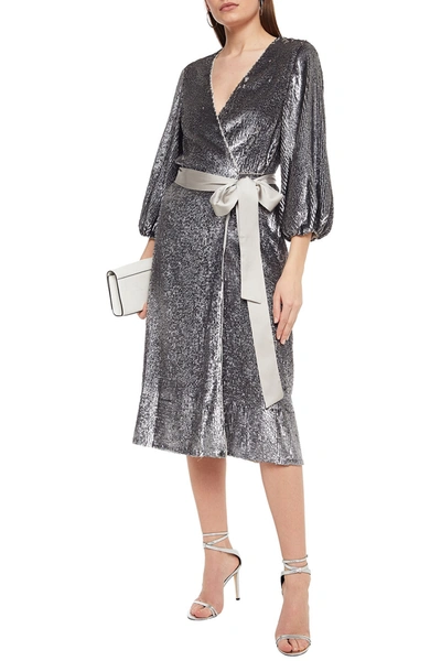 Shop Alice And Olivia Anne Belted Sequined Crepe De Chine Midi Wrap Dress In Gunmetal