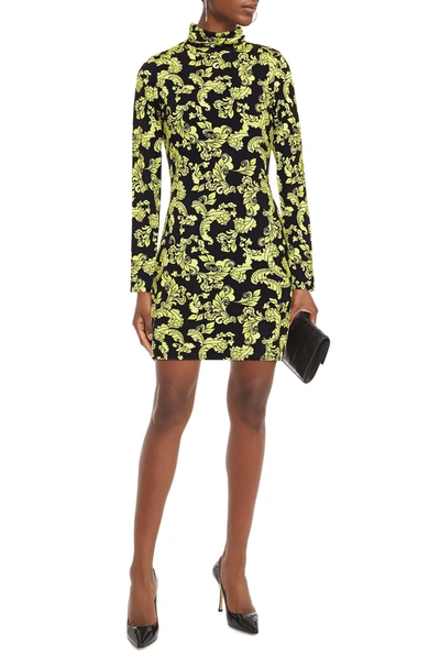 Shop Alice And Olivia Delora Printed Stretch-jersey Turtleneck Mini Dress In Chartreuse