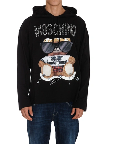 Shop Moschino Teddy Print Drawstring Hoodie In Black