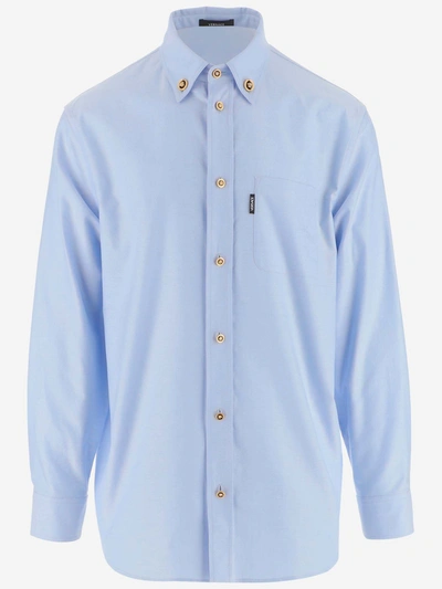Shop Versace Medusa Button Shirt In Blue
