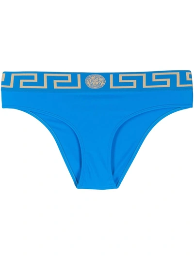 Shop Versace Greca Border Bikini Bottoms In Blue