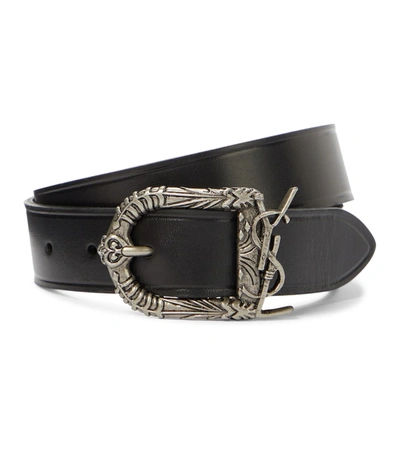 Shop Saint Laurent Celtic Monogram Leather Belt In Silver