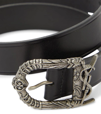 Shop Saint Laurent Celtic Monogram Leather Belt In Silver