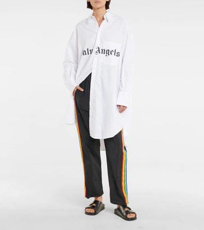 Shop Palm Angels Logo Oversized Cotton-blend Shirt In White