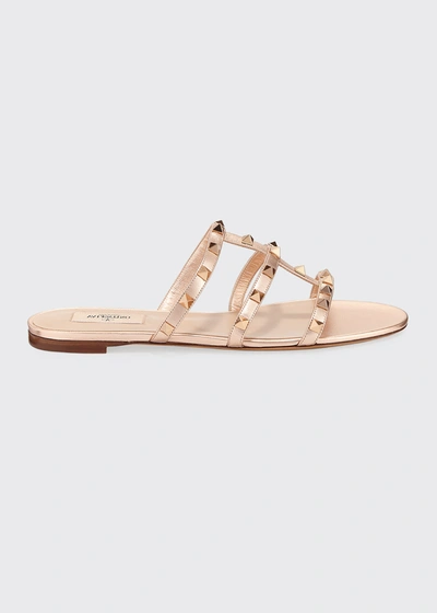 Valentino Rockstud Metallic City Flat Slide Sandals In Skin