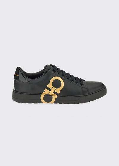 Shop Ferragamo Men's Number Gancini-print Low-top Sneakers In Black