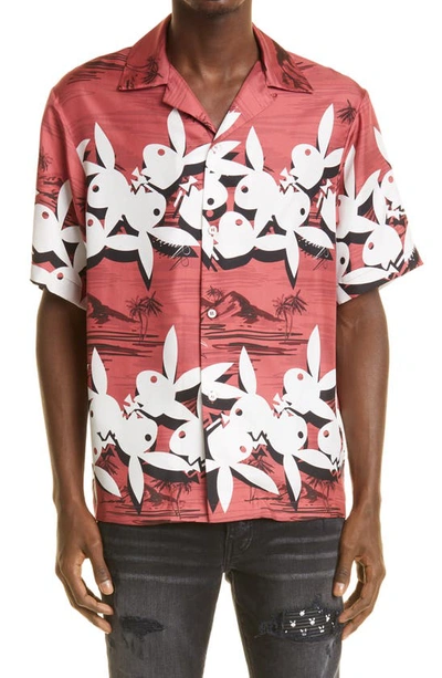 Shop Amiri Playboy Bunny Logo Silk Camp Shirt In Red