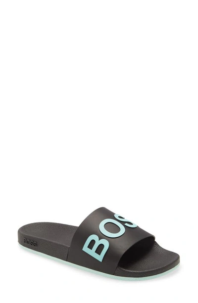 Shop Hugo Boss Bay Slide Sandal In Black/ Blue Contrast