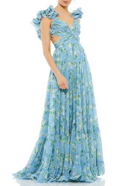 Shop Mac Duggal Floral Chiffon Cutout Ballgown In Blue Multi