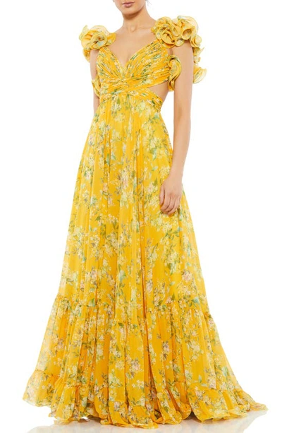 Shop Mac Duggal Floral Chiffon Cutout Ballgown In Lemon Multi