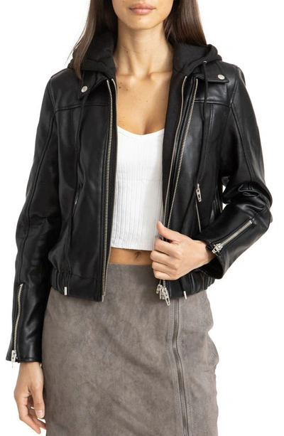 Blanknyc Faux Leather Bomber Jacket With Removable Hood In Hot