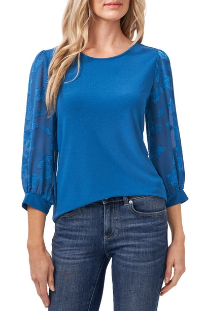 Shop Cece Lace Sleeve Stretch Crepe Blouse In Sapphire Sky