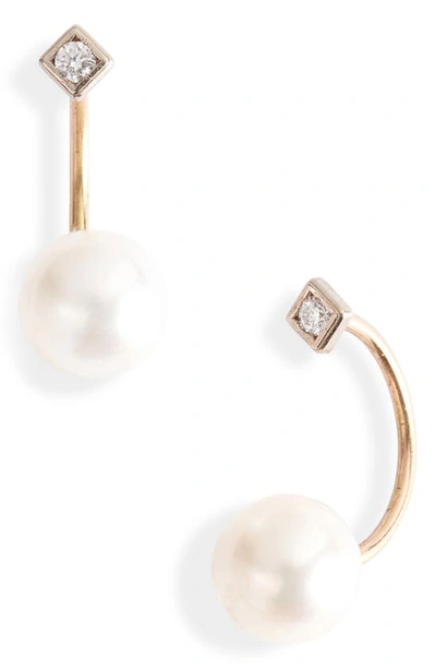 Shop Poppy Finch Pearl & Diamond Threaded Earrings In Yellow Gold/ Pearl
