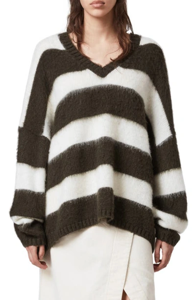 Shop Allsaints Lou Stripe V-neck Sweater In Khaki Green/ Cream