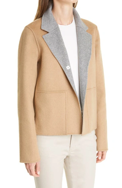 Shop Lafayette 148 Andover Reversible Wool & Cashmere Jacket In Nickel Melange/ Camel
