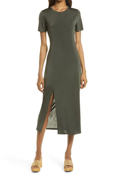 Charles Henry Front Slit Midi T-shirt Dress In Hunter Green