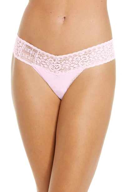 Shop Hanky Panky Mid Rise Lace Trim Thong In Cotton Candy Pink