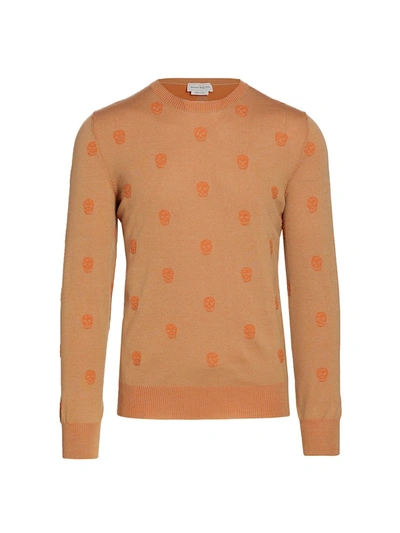 Shop Alexander Mcqueen Men's Skull Lurex-knit Wool Sweater In Camel Orange