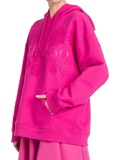 Shop Valentino Floral Lace & Logo Hoodie In Pink