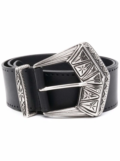 Shop Etro Black Leather Belt With Engraved Buckle