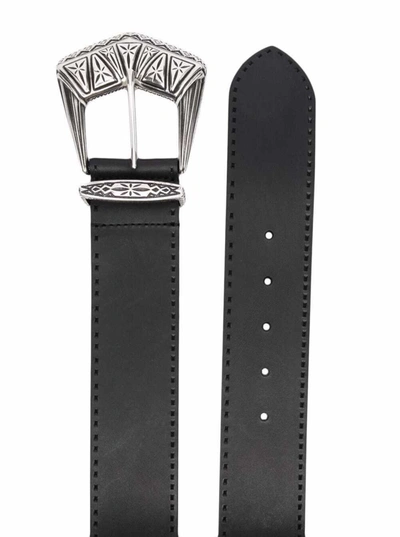 Shop Etro Black Leather Belt With Engraved Buckle