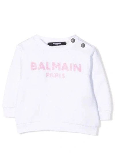 Shop Balmain Sweatshirt With Sequin Logo In White
