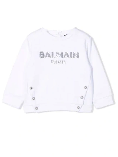 Shop Balmain Sweatshirt With Sequin Logo In White