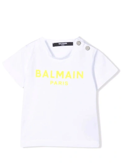 Shop Balmain Baby T-shirt With Print In Bianco-giallo