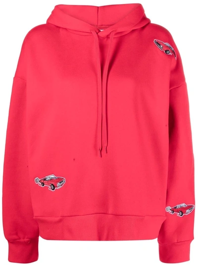 Shop Natasha Zinko Car-embroidered Jersey Hoodie In Red
