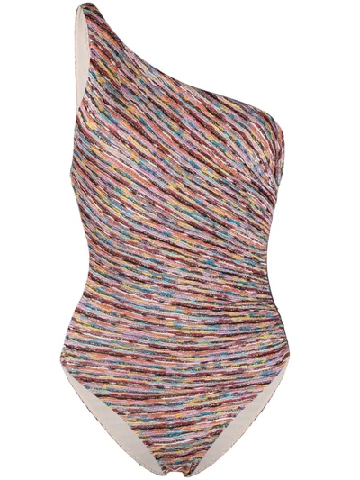 Shop Missoni Striped One-shoulder One-piece In Pink
