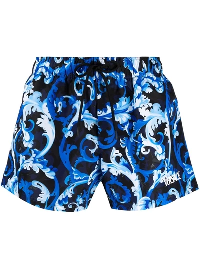 Shop Versace Baroque-print Swim Shorts In Blue