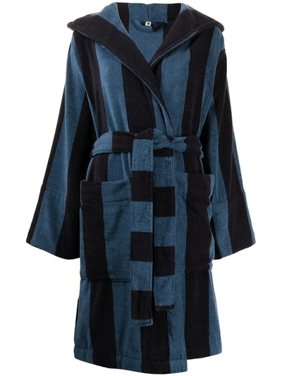 Shop Tekla Striped Terry Hooded Bath Robe In Blue